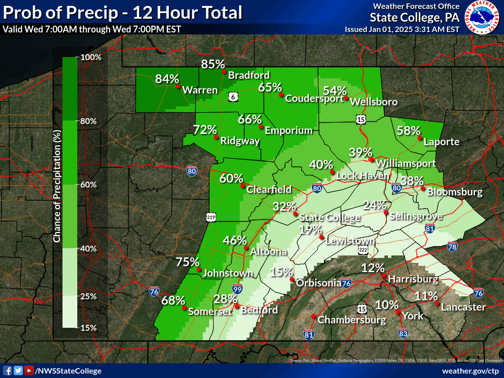 NWSStateCollege's tweet photo. A blustery New Years Day is in store, with temperatures not rising much from morning readings. Lake-effect and upslope snow showers will develop, impacting primarily northern and western Pennsylvania. #ctpwx https://t.co/LWKXRe4Oua