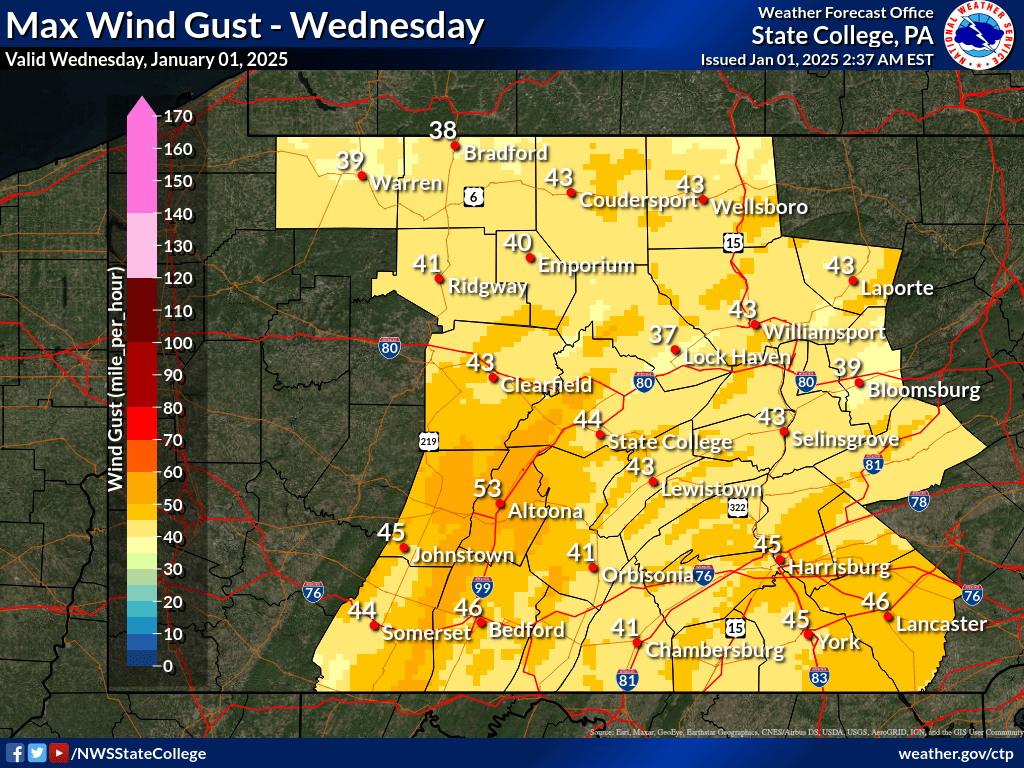 NWSStateCollege's tweet photo. A blustery New Years Day is in store, with temperatures not rising much from morning readings. Lake-effect and upslope snow showers will develop, impacting primarily northern and western Pennsylvania. #ctpwx https://t.co/LWKXRe4Oua