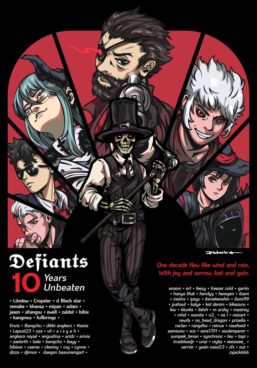 gunawananugrah's tweet photo. Not to forget to mention, Created this beautiful piece for my guild, @DefiantsGuild !

Been a pleasure to make this artwork to celebrate the guild’s 10th anniversary! The piece features both current members and iconic veterans. 

Shoutout to @Ulnnhal_ for making it possible! https://t.co/cuAZp3LuD6