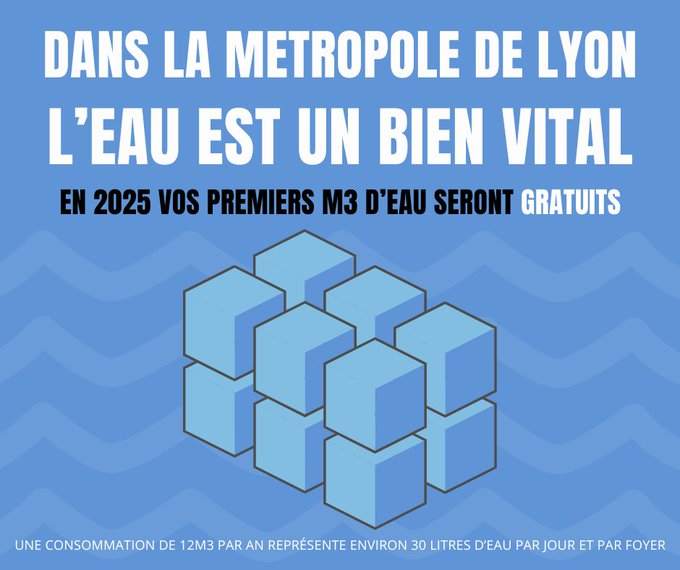 C’est fait. 

Les premiers m3 d’eau de nos habitants sont désormais gratuits, jusqu’à 12M 3 par logement, pour garantir les besoins vitaux. L’eau n’est pas une marchandise comme une autre. 

Une bonne nouvelle pour cette belle année 2025.