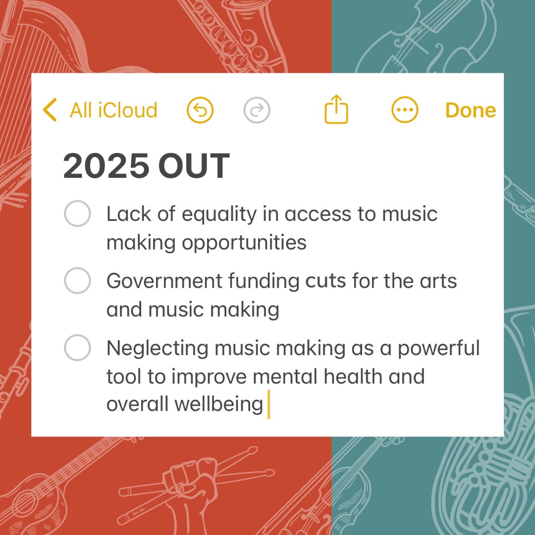 Happy New Year! 🎉

This is our list of in &amp; out for 2025. What’s yours? Tell us in the comments!

#TurnUpTheVolume #MusicMakersCharter #MusicForAll #MusicMaking #Advocacy