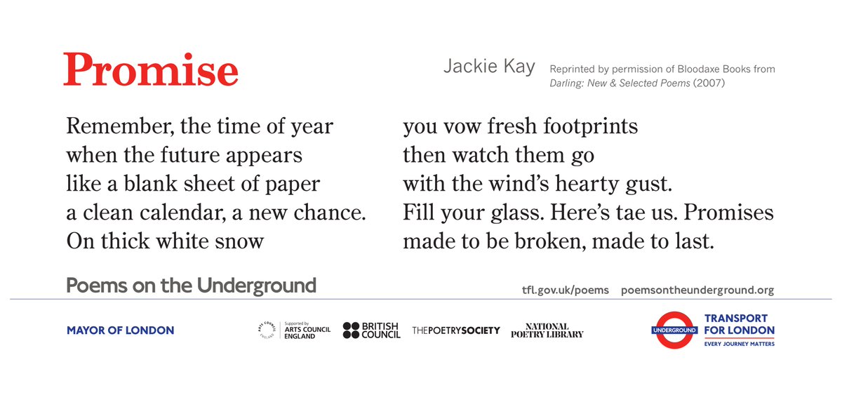 Happy New Year!

We have a new collection of poems on our website for January
We welcome the New Year with a selection of Winter poems and poems of Hope. 
poemsontheunderground.org/january-2025

Promise by Jackie Kay