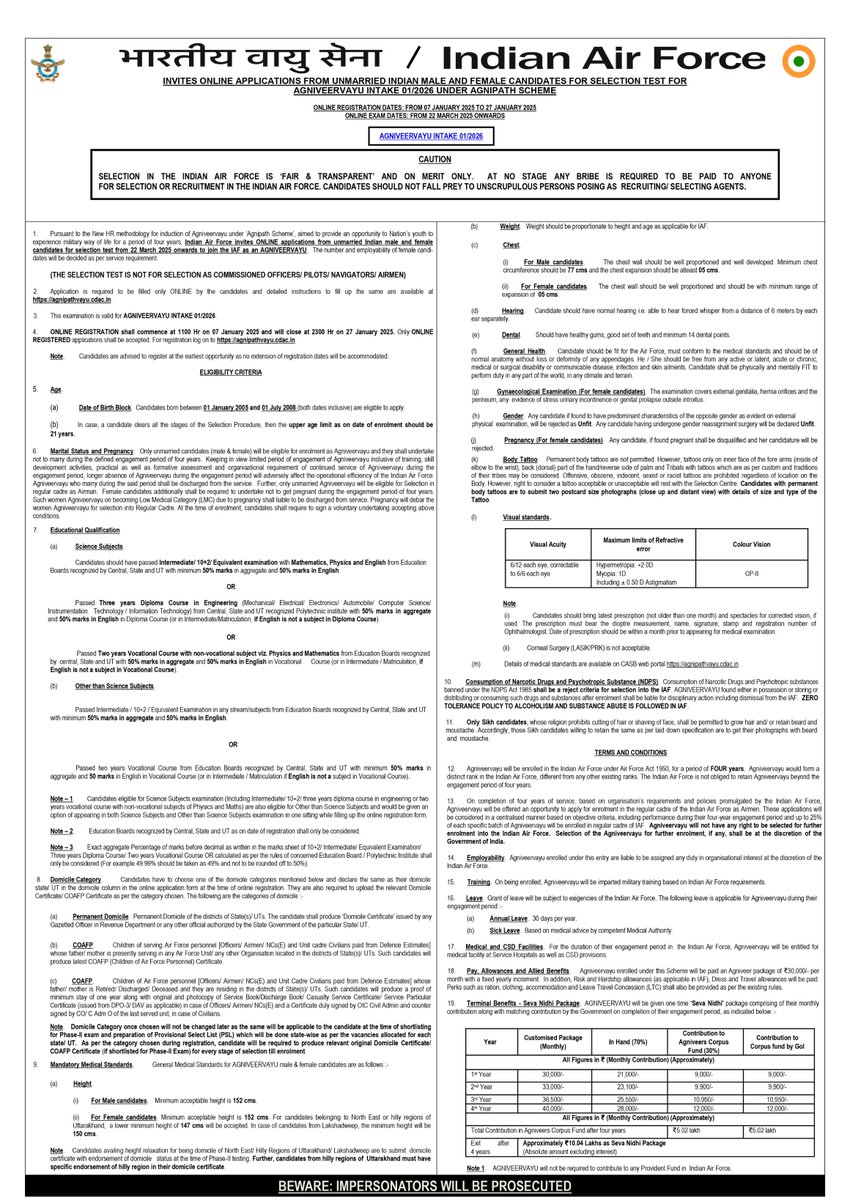 DwarkaMcc's tweet image. INDIAN AIR FORCE
#AGNIVEERVAYU
ONLINE REGISTRATION DATE  7-1-25 TO  27-01-25
agnipathvayu.cdac.in