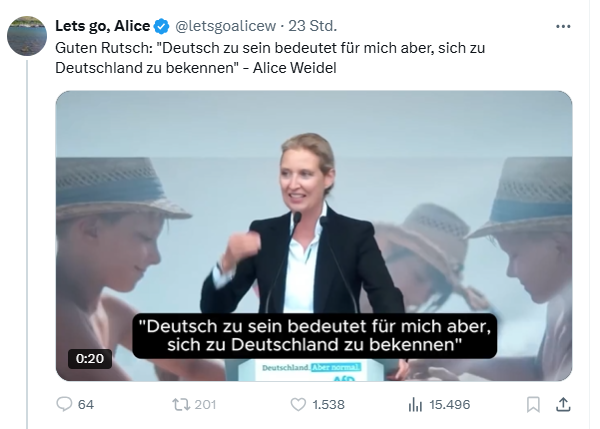Jörg @kachelmann anderswo: @realkachelmann (@kachelmann) on Twitter photo Bekennen Sie sich wie <a href="/Alice_Weidel/">Alice Weidel</a> gerne zu Deutschland, machen Sie es aber sicherheitshalber wie Frau Weidel mit risk management:
Wenn Sie wie sie auch eine Frau haben, die gar nicht so weiß ist, wie sich das AfD-WählerInnen wünschen und deshalb von diesen mit "Remigration" Bekennen Sie sich wie <a href="/Alice_Weidel/">Alice Weidel</a> gerne zu Deutschland, machen Sie es aber sicherheitshalber wie Frau Weidel mit risk management:
Wenn Sie wie sie auch eine Frau haben, die gar nicht so weiß ist, wie sich das AfD-WählerInnen wünschen und deshalb von diesen mit "Remigration"