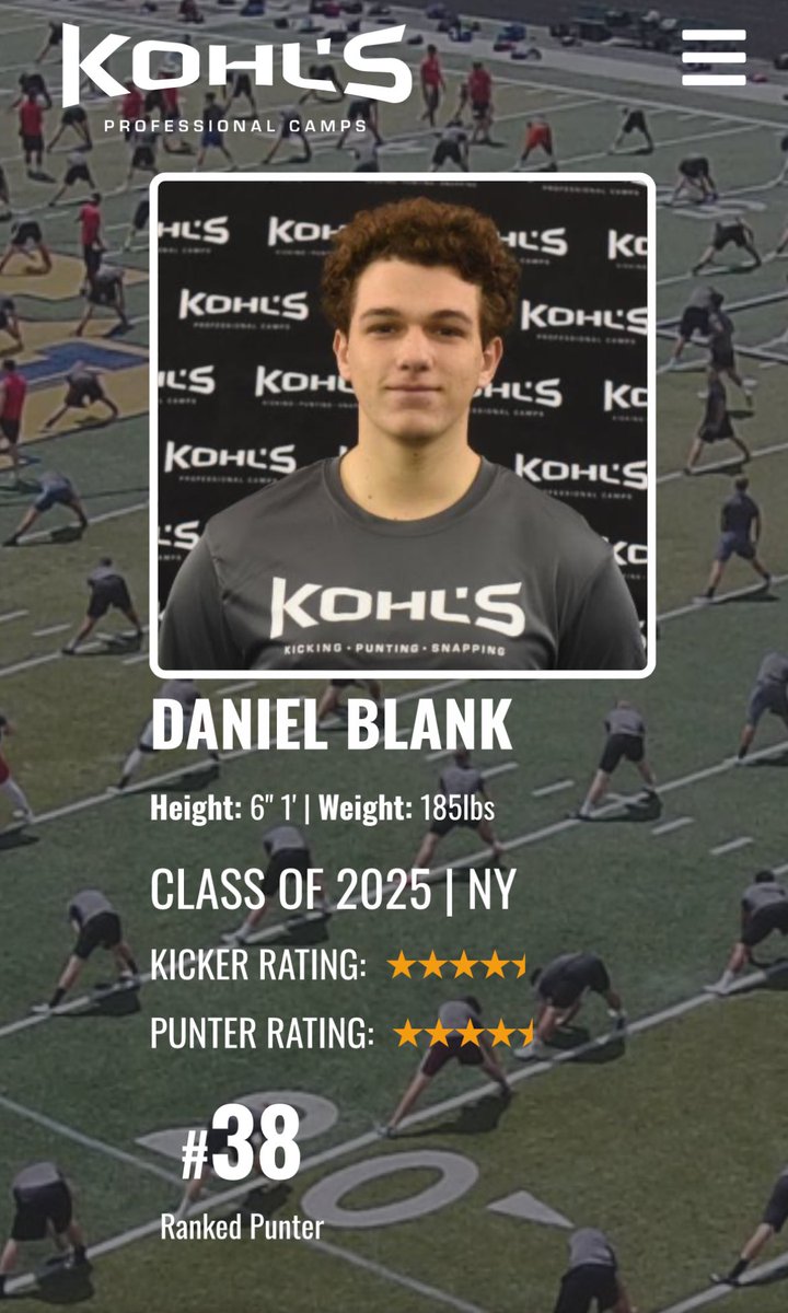 Daniel Blank (@danny_blank7) on Twitter photo After a great winter showcase by <a href="/KohlsKicking/">Kohl's Kicking Camps</a> averaging 44.1 yards 4.09s hang I’m grateful to say I am ranked the 38th best punter across the country.
<a href="/Coach_Kluber/">Coach Sean Kluber</a> <a href="/EddieMish22/">Coach Eddie Mish</a> <a href="/OneOnOneNJNYPA/">One On One Kicking Northeast</a> <a href="/CoachBCosh/">Billy Cosh</a> <a href="/CoachBarberSBU/">Billy Barber</a> <a href="/CoachElliott19/">Kevin Elliott</a> <a href="/Coach_KCal/">Kevin Callahan Jr.</a> <a href="/CoachDennisLong/">Dennis Long</a> After a great winter showcase by <a href="/KohlsKicking/">Kohl's Kicking Camps</a> averaging 44.1 yards 4.09s hang I’m grateful to say I am ranked the 38th best punter across the country.
<a href="/Coach_Kluber/">Coach Sean Kluber</a> <a href="/EddieMish22/">Coach Eddie Mish</a> <a href="/OneOnOneNJNYPA/">One On One Kicking Northeast</a> <a href="/CoachBCosh/">Billy Cosh</a> <a href="/CoachBarberSBU/">Billy Barber</a> <a href="/CoachElliott19/">Kevin Elliott</a> <a href="/Coach_KCal/">Kevin Callahan Jr.</a> <a href="/CoachDennisLong/">Dennis Long</a>