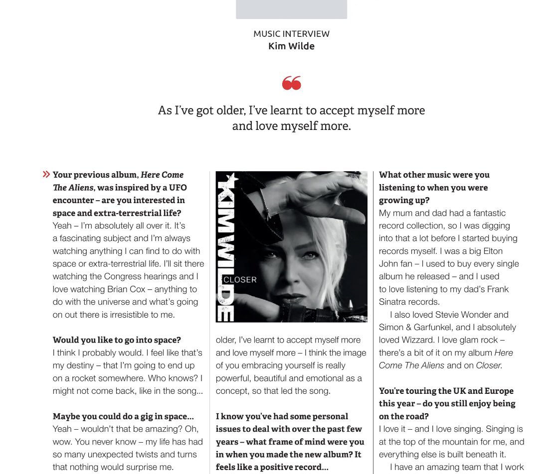 My first article of the year has published today - it’s in the January issue of <a href="/hifiplusmag/">hi-fi+ Global</a> .
I spoke to <a href="/kimwilde/">Kim Wilde👽</a> about writing and recording her new album, Closer, which is out on <a href="/CherryRedGroup/">Cherry Red Records</a> later this month. Teaser here - buy the mag to read the whole article.