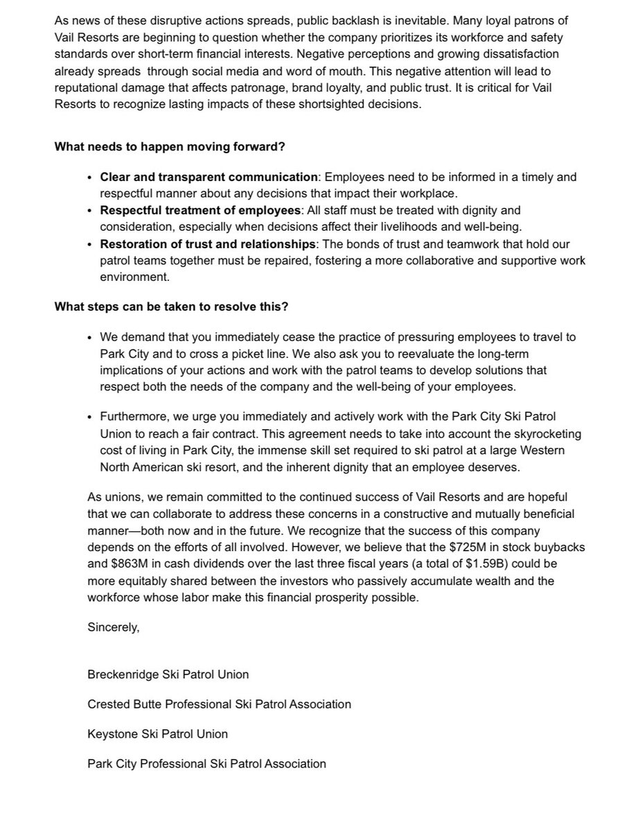 The ski patrol unions at Park City, Breckenridge, Crested Butte and Keystone sent the following letter to Vail Resorts CEO Kirsten Lynch