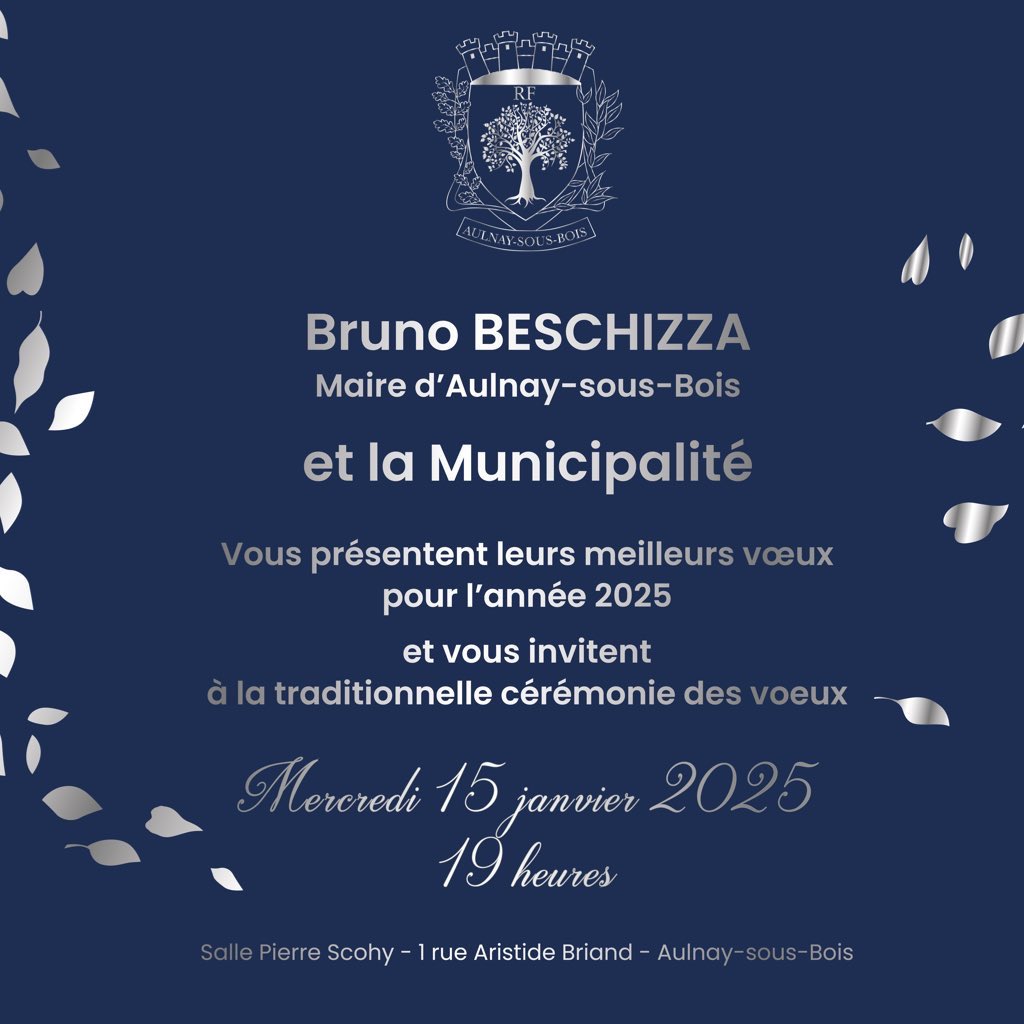 [BONNE ANNÉE 2025] 📅✨ Le Maire <a href="/brunobeschizza/">Bruno Beschizza</a> et les élus d'Aulnay-sous-Bois invitent les Aulnaysiennes et les Aulnaysiens à la traditionnelle cérémonie des vœux à la population qui se déroulera le mercredi 15 janvier 2025 à 19h à la salle Pierre Scohy.