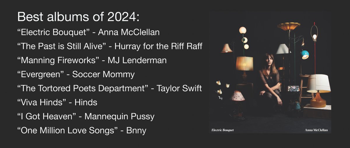 My list of the best albums of 2024. Hopefully there's some music here you haven't heard. Enjoy! #bestmusic #bestof2024 #bestalbumsof2024 #BestAlbums2024 #annamcclellan #hurrayfortheriffraff #MJLenderman #soccermommy #taylorswift #Hinds #mannequinpussy #bnnyband  #ListenNow
