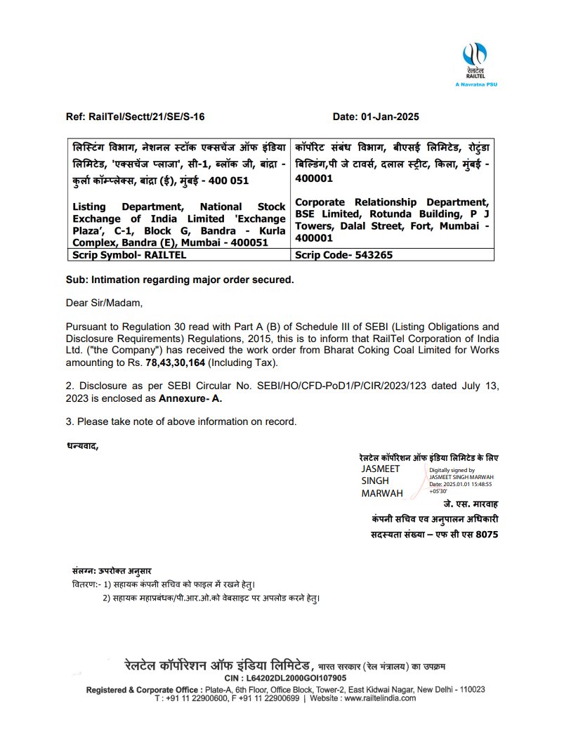 BaateinStockKi's tweet image. 🚉 RailTel Corporation Update:

💼 Secured a work order worth ₹784.3M! 🚀
Steady growth in digital and infrastructure services.
#RailTel #InfraDevelopment #GrowthMomentum #StockMarket