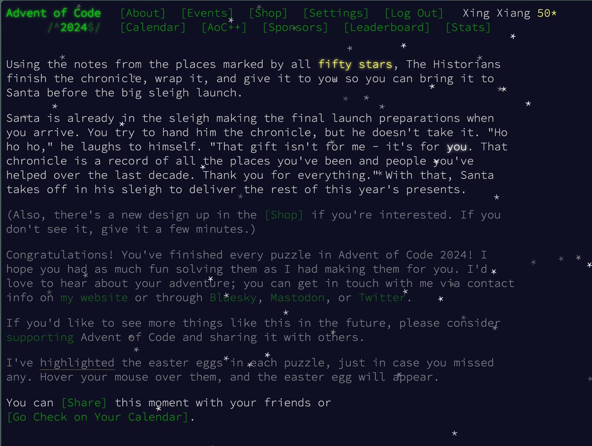_xingxiang's tweet image. First time completing Advent of Code 🥹
Was a struggle and had to refer to hints at times but proud to have finished it!
I'd usually complete one-off coding exercises/challenges like these using Python but decided to give TypeScript a go this time round
#AdventOfCode