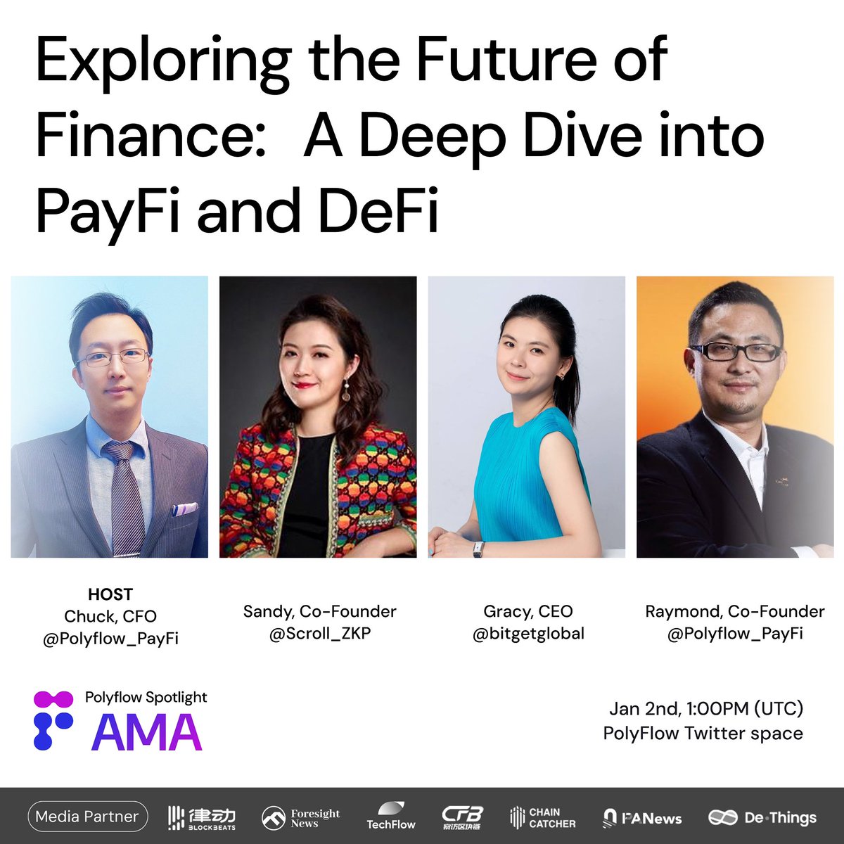 Polyflow_PayFi's tweet photo. 🪬𝑷𝑶𝑳𝒀𝑭𝑳𝑶𝑾 𝑷𝒂𝒚𝑭𝒊 𝑺𝒑𝒐𝒕𝒍𝒊𝒈𝒉𝒕
🖌️Exploring the future of Finance: A Deep Dive into PayFi and Defi

🤵Special Guests:
•Gracy, CEO @bitgetglobal 
•Sandy, Co-Founder @Scroll_ZKP 
•Raymond, Co-Founder of PolyFlow @Raymondqu

🎙️Host：Chuck, CFO @Polyflow_PayFi 
⏰ Time: 1:00 PM, 2 January , 2024 (UTC)

🎙️Subscribe now:
https://t.co/Serx9GJ04a

🎉 To celebrate, we’re giving away 100 USDT prize pool!🏆 
How to enter:
1️⃣ Follow @Polyflow_PayFi 
2️⃣ Like & Retweet
3️⃣ Tag a friend in the comments
Don’t miss out! 🚀