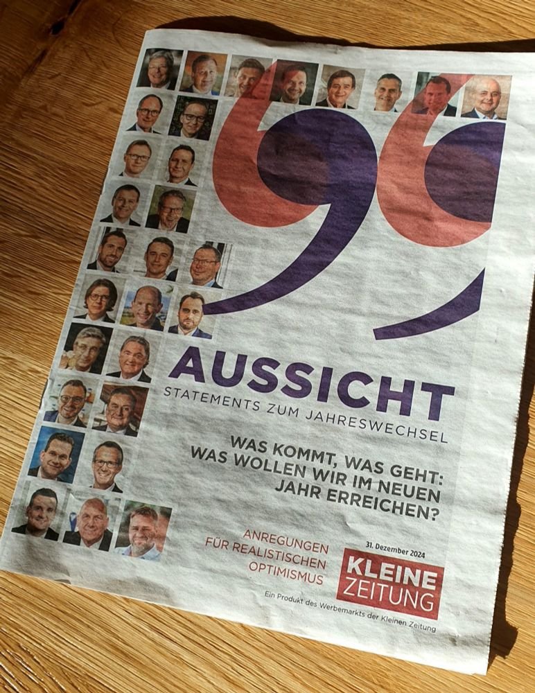 "Ein Ausblick auf das neue Jahr. 33 Männer geben gute Tipps und loben sich selbst. Aber keine Frau ist in der gesamten Broschüre abgebildet. Kärnten 2024/2025!"
(Kathrin Stainer-Hämmerle)