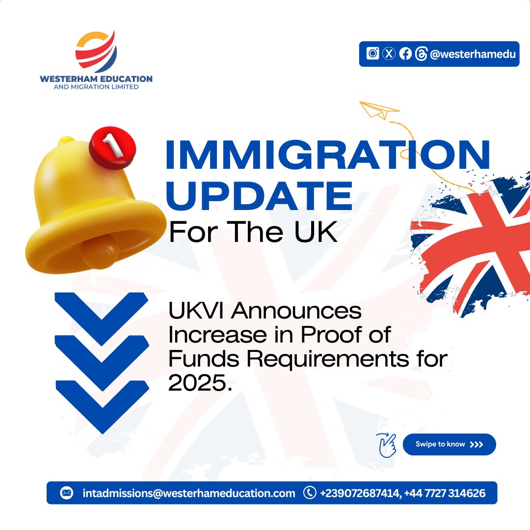westerhamedu's tweet image. The UKVI has announced an increase in proof of funds requirements for 2025!

Don’t let this catch you off guard—ensure your application is airtight with our guidance. 

#westerhameducation
#migratewithus #migrationtips #ukstudyvisa🇬🇧 #ukmigration

instagram.com/p/DDzw4jAAQ_y/…
