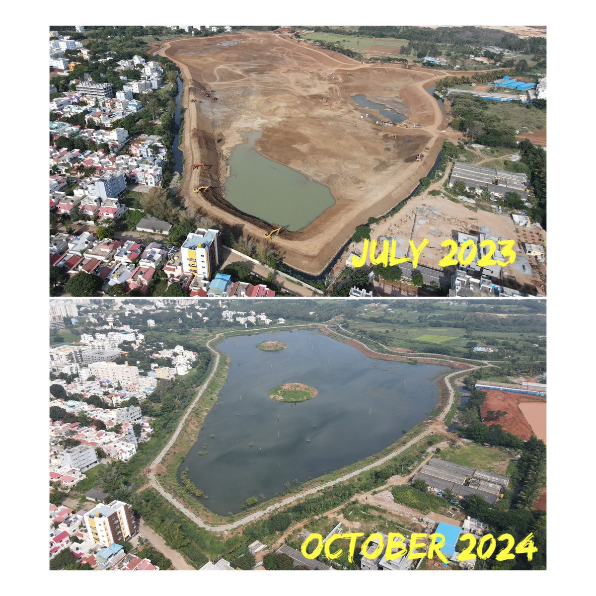 Happy New Year 2025
This is about 72 acres lake well within the city,it was filled with Sewage and Sludge,we took 7 months with 23 earth movers to clean till fresh soil,about 8 feet sludge removed,Now filled with 7-8 feet Rain water 💧