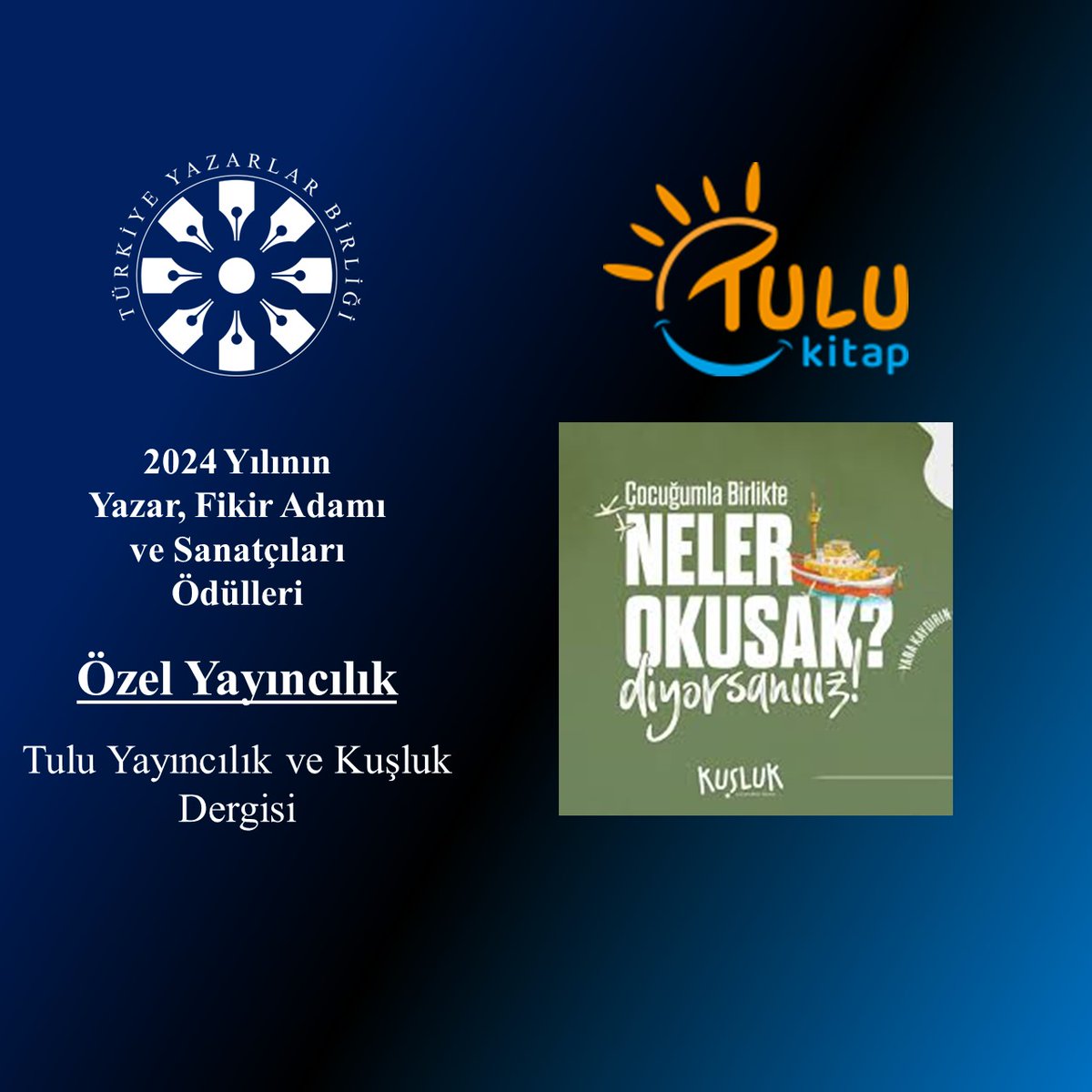 TYB1978's tweet photo. Tulu Yayıncılık ve Kuşluk Dergisi 2024 yılının "Özel Yayıncılık" ödülüne layık görüldü.

#TYBÖdülleri

@TuluKitap @KuslukDergi https://t.co/6w58aI55ed