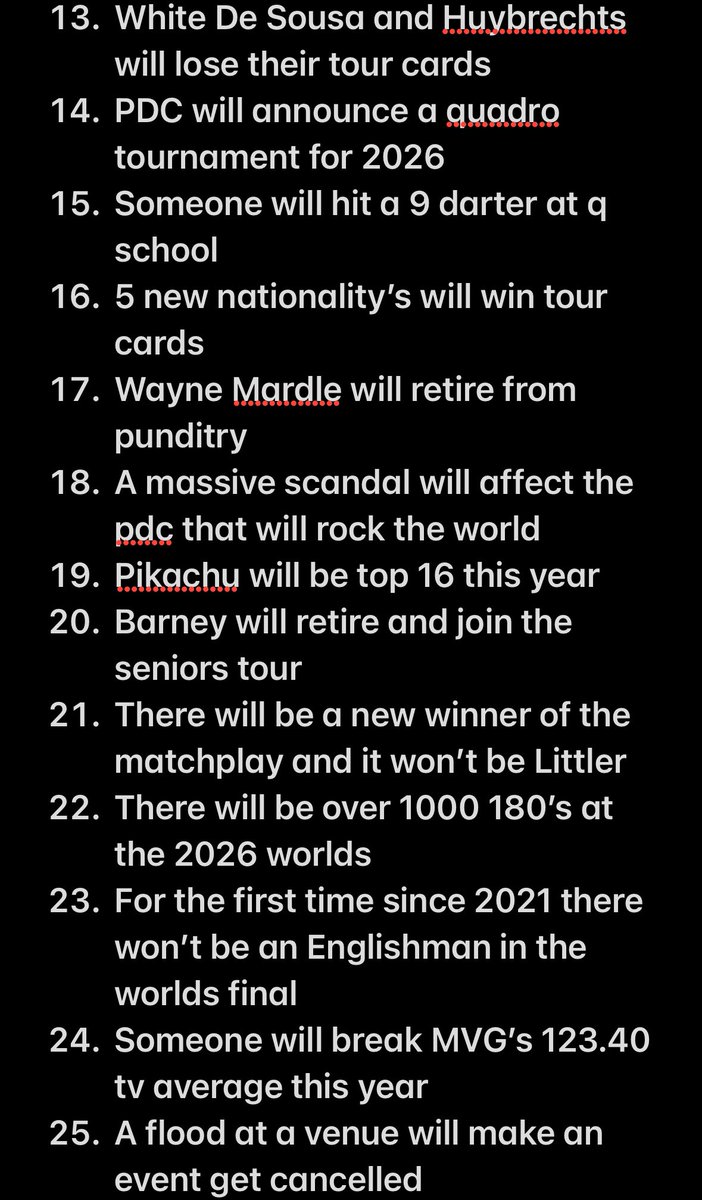 truereddevil99's tweet image. I saw someone post their predictions for the darts season 2025 so did my own. @DamonHeta180 @theedgar501 @Superchin180 @stackattack84 might be interested in some of these.