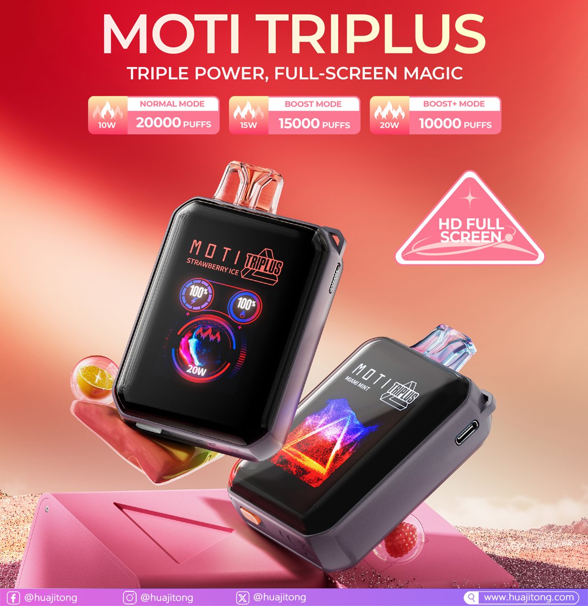 HJTJed's tweet photo. 🌟 MOTI TRIPLUS 20000🌟
🚀Key features: Full screen; 3 adjustable modes
🚀Parameters: 20000 puffs, 18ml liquid, 650mAh battery, dual mesh coil, 5% nicotine strength; 200 pcs/carton, 320*260*510mm, 19.1kg
🚀12 flavors
#HUAJITONG #HJT #MOTI #MOTITRIPLUS #triplus #MOTIVATION https://t.co/BkoDKZI1g8