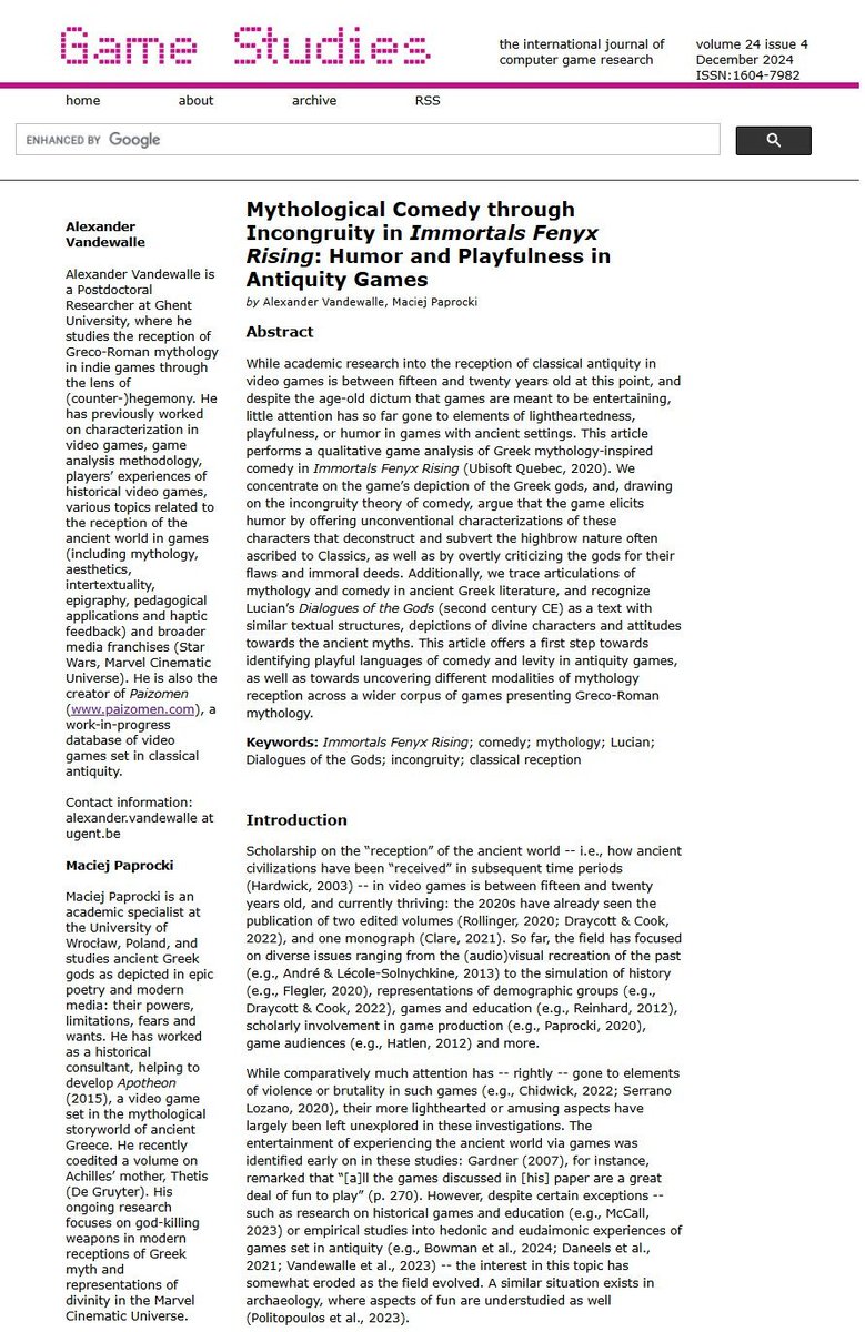 Alexander Vandewalle (@alex_vandewalle) on Twitter photo Happy New Year! 🥳🎉
<a href="/maciejpaprocki/">Maciej Paprocki</a>.bsky.social and I ended 2024 on a lighthearted note, and published a paper on mythological comedy in Immortals Fenyx Rising, focusing especially on its ties with Lucian's Dialogues of the Gods!
gamestudies.org/2404/articles/… Happy New Year! 🥳🎉
<a href="/maciejpaprocki/">Maciej Paprocki</a>.bsky.social and I ended 2024 on a lighthearted note, and published a paper on mythological comedy in Immortals Fenyx Rising, focusing especially on its ties with Lucian's Dialogues of the Gods!
gamestudies.org/2404/articles/…