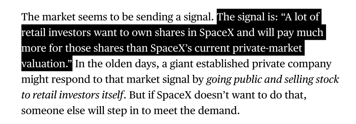 XavierEkkel's tweet photo. People sometimes ask me: is there really any retail demand for pre-IPO stocks? 🤔

One case study I like to point to is $DXYZ (Destiny Tech100), a publicly-traded fund holding pre-IPO companies (1/3rd in SpaceX).

It currently trades at 10x (!!) its underlying fair market value (previously up to 20x).

Why? Because it’s one of the only ways that regular retail investors can gain exposure to top pre-IPO companies, and they’re clearly willing to pay an enormous premium for that access. 💸

But access to private markets - where most outsized wealth is generated - should be a right, not a privilege reserved for the wealthy and well-connected. It’s unfair that the most exciting deals help the rich get richer while everyday investors are left out (or forced to pay a huge premium). 💢

At @prepo_io, we're on a mission to democratize pre-IPO investing - allowing anyone to invest in top pre-IPO companies like SpaceX and OpenAI, with no minimums, no lockups, and no 10x price premium 😌🚀