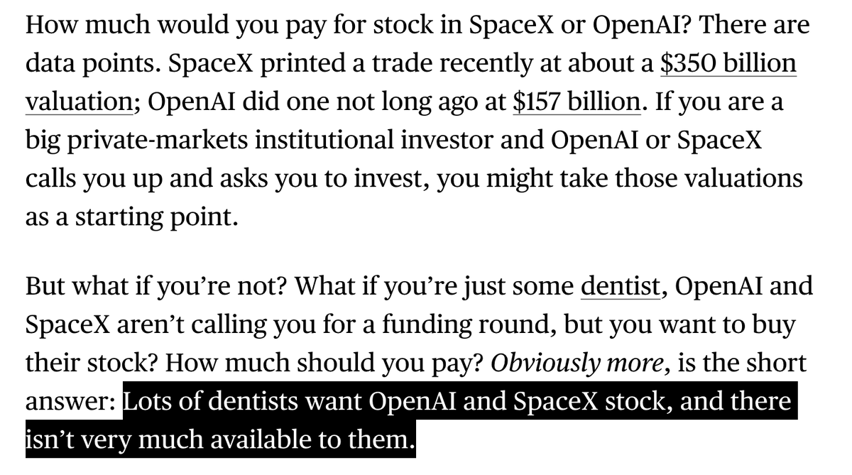 XavierEkkel's tweet photo. People sometimes ask me: is there really any retail demand for pre-IPO stocks? 🤔

One case study I like to point to is $DXYZ (Destiny Tech100), a publicly-traded fund holding pre-IPO companies (1/3rd in SpaceX).

It currently trades at 10x (!!) its underlying fair market value (previously up to 20x).

Why? Because it’s one of the only ways that regular retail investors can gain exposure to top pre-IPO companies, and they’re clearly willing to pay an enormous premium for that access. 💸

But access to private markets - where most outsized wealth is generated - should be a right, not a privilege reserved for the wealthy and well-connected. It’s unfair that the most exciting deals help the rich get richer while everyday investors are left out (or forced to pay a huge premium). 💢

At @prepo_io, we're on a mission to democratize pre-IPO investing - allowing anyone to invest in top pre-IPO companies like SpaceX and OpenAI, with no minimums, no lockups, and no 10x price premium 😌🚀