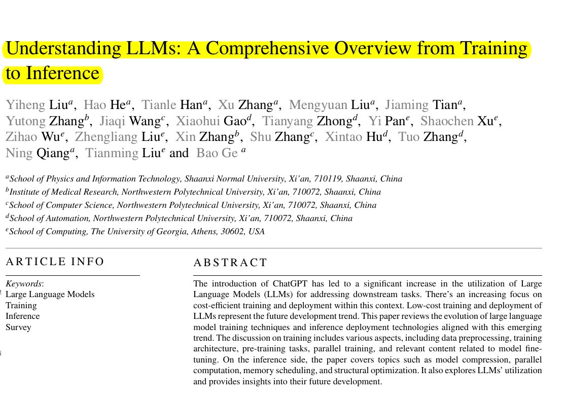 rohanpaul_ai's tweet photo. Great read - "Understanding LLMs: A Comprehensive Overview from Training to Inference"

The journey from self-attention mechanism to the final LLMs.

This paper reviews the evolution of large language model training techniques and inference deployment technologies.

--------

→ The evolution of LLMs and current training paradigm

Training approaches have evolved from supervised learning to pre-training and fine-tuning, now focusing on cost-efficient deployment. Current focus is on achieving high performance through minimal computational resources.

→ Core architectural components enabling LLMs' success

The Transformer architecture with its self-attention mechanism forms the backbone. Key elements include encoder-decoder or decoder-only designs, enabling parallel processing and handling long-range dependencies.

→ Key challenges in training and deployment

Main challenges include massive computational requirements, extensive data preparation needs, and hardware limitations. Solutions involve parallel training strategies and memory optimization techniques.

→ The role of data and preprocessing in LLM development

High-quality data curation and preprocessing are crucial. Steps include filtering low-quality content, deduplication, privacy protection, and bias mitigation.

🔍 Critical Analysis & Key Points:

→ Data preparation strategies drive model quality

Processing raw data through sophisticated filtering, deduplication and cleaning pipelines directly impacts model performance.

→ Parallel training techniques enable massive scale

Using data parallelism, model parallelism and pipeline parallelism allows training billion-parameter models efficiently.

→ Memory optimization is crucial for inference

Techniques like quantization, pruning and knowledge distillation help deploy large models with limited resources.