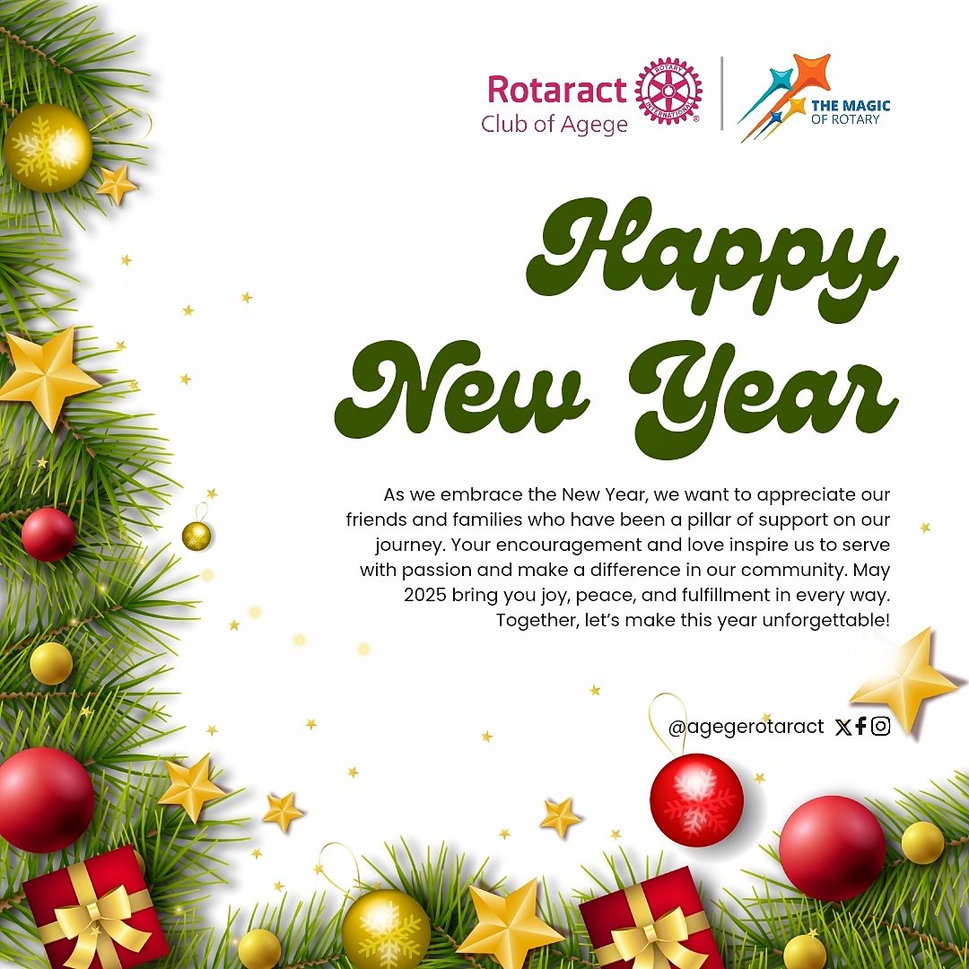 AgegeRotaract's tweet photo. Happy New Year!
May 2025 be filled with endless joy, personal growth, and memorable moments for each of us. Here’s to another year of making a difference, fortifying our bond, &amp; spreading the magic of Rotary!  

With gratitude and best wishes,  
Rtr. Mozeedat Adediran 
President https://t.co/M4bFCu5sHf