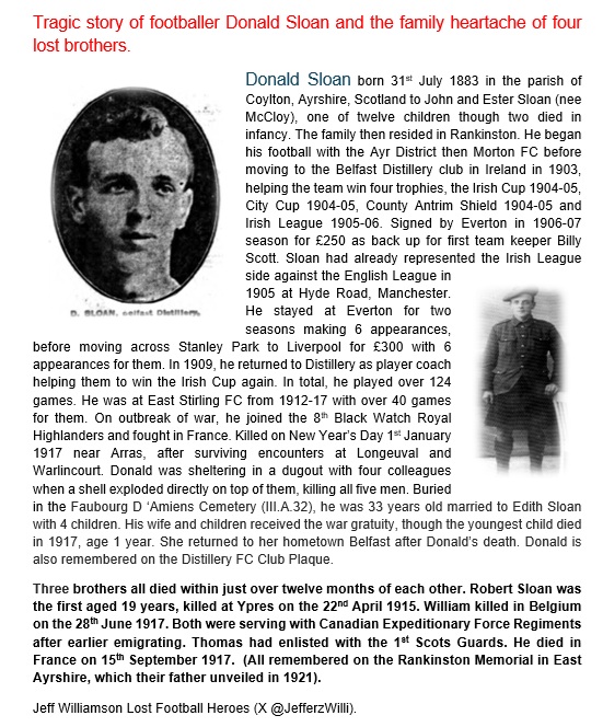 Donald Sloan
Black Watch Royal Highlanders
Killed this day 1917 France
Footballer Morton, Lisburn Distillery, Everton, Liverpool, East Stirling