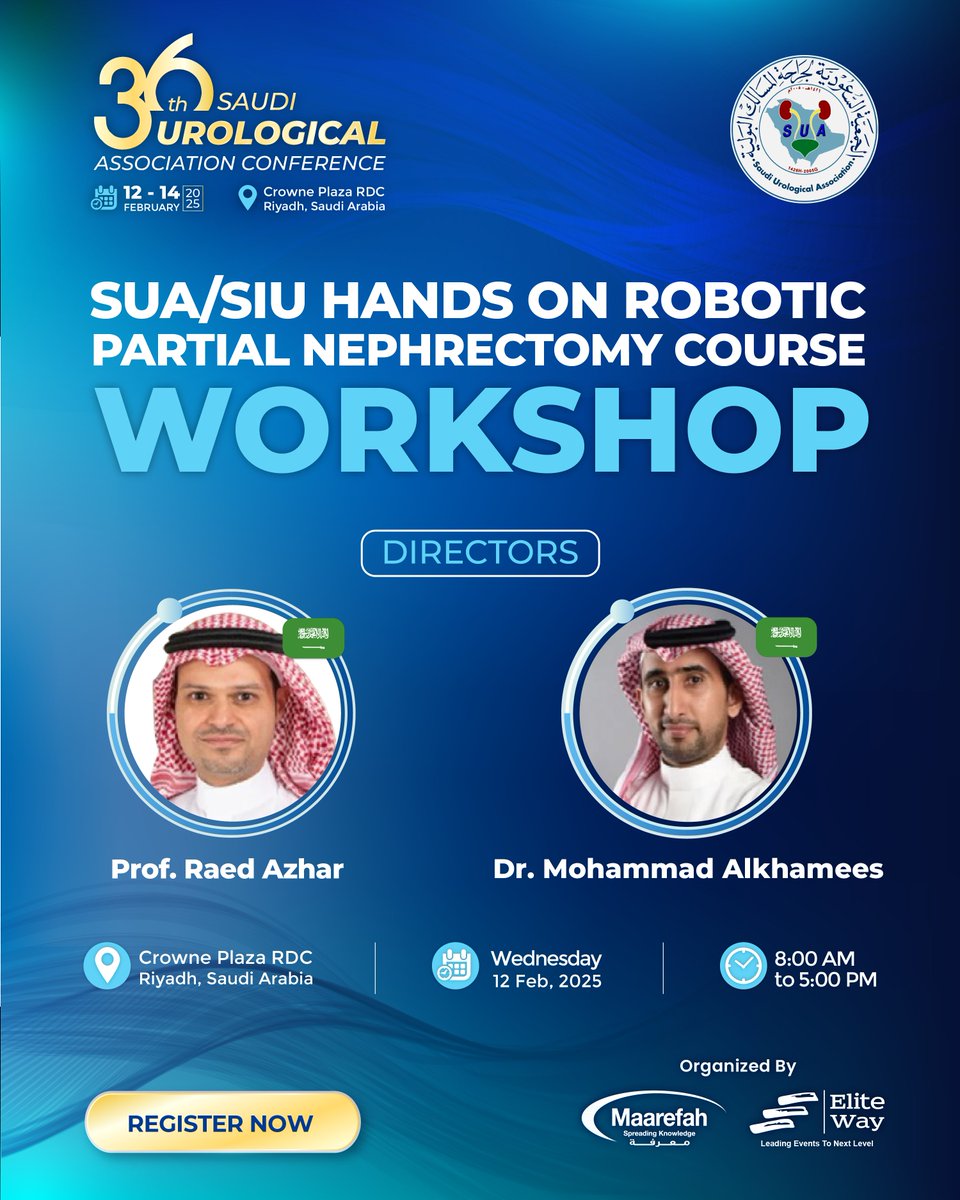 Elite MedPulse (@elitemedpulse) on Twitter photo Don't miss the SUA Hands On Robotic Partial Nephrectomy Workshop with Prof. Raed Azhar <a href="/raedazhar/">Prof. Raed Azhar | أ.د. رائد أزهر</a> and Dr. Mohammad Alkhamees <a href="/MAlKhameesMD/">محمد الخميس M Alkhamees</a> .
📍 Crowne Plaza RDC, Riyadh
📅 Feb 12, 2025 | 🕘 8:00 AM - 5:00 PM
🔗 Register Now: bit.ly/4gz250B Don't miss the SUA Hands On Robotic Partial Nephrectomy Workshop with Prof. Raed Azhar <a href="/raedazhar/">Prof. Raed Azhar | أ.د. رائد أزهر</a> and Dr. Mohammad Alkhamees <a href="/MAlKhameesMD/">محمد الخميس M Alkhamees</a> .
📍 Crowne Plaza RDC, Riyadh
📅 Feb 12, 2025 | 🕘 8:00 AM - 5:00 PM
🔗 Register Now: bit.ly/4gz250B