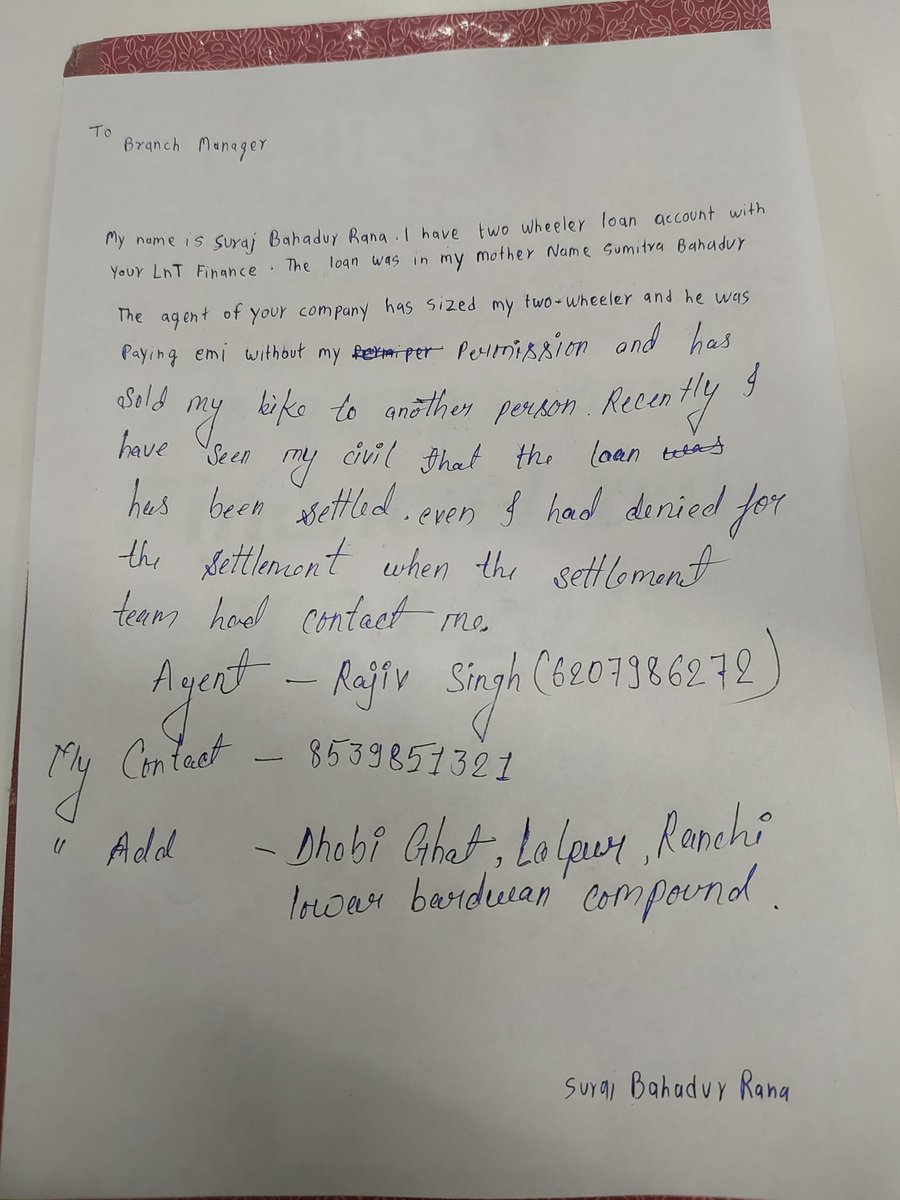 This is my last post for <a href="/LnTFinance/">L&T Finance</a>  many times I have told fou I have not given my bike to any other money lender all time you are telling that this time your rcu team has also not help me out I want my bike back this is the last warning