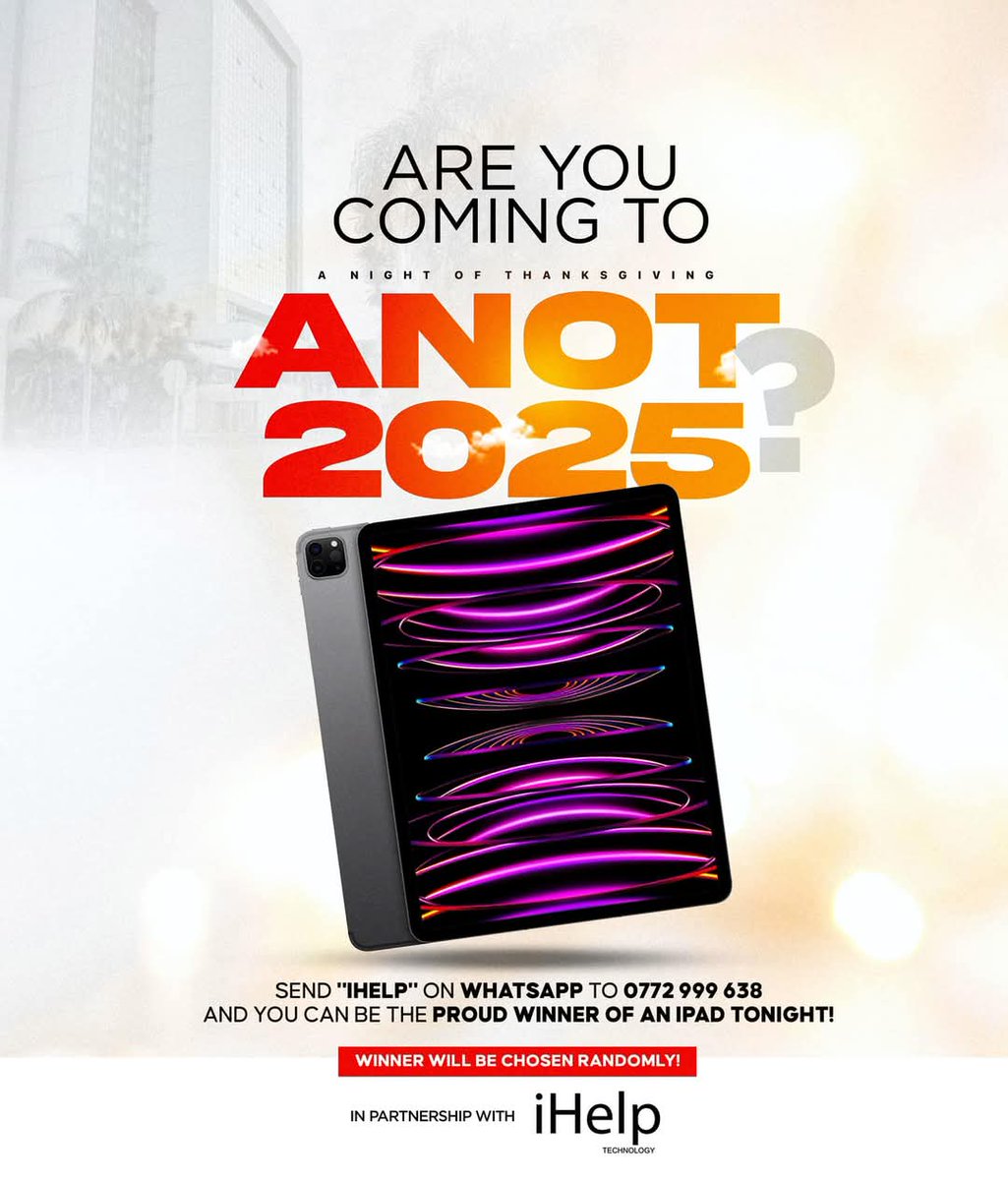 Something massive is happening tonight at ANOT💃🏻💃🏻💃🏻. And I'm so excited for you guys!!

One lucky ANOT attendee is walking away with an iPad courtesy of iHelp🥳🥳🥳.

It doesn't get any bigger than this😁😁! All you have to do is send the word "iHelp" on WhatsApp to 0772999638