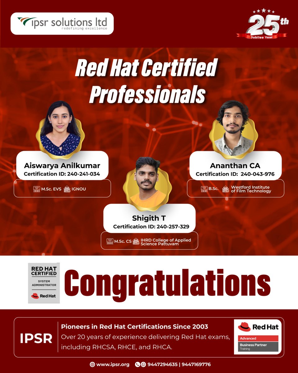 ipsr_solutions's tweet image. Red Hat Certified Professionals in the Spotlight!
Your dedication and hard work have earned you the prestigious Red Hat Certification!

#EverythingForAI #RedHatCertified #IPSRSuccess #RHCSA #RHCE #CareerMilestones #LinuxProfessionals #EverythingForITCareer