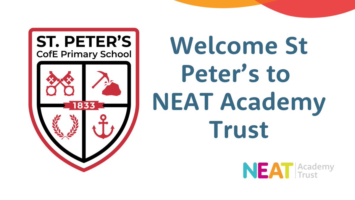 NEATschools's tweet photo. 🎉 Big news! St Peters CofE Primary School in Wallsend has joined the NEAT Academy Trust family as of 1st January 2025.
We’re excited to work together, grow potential, and create opportunities for pupils and the wider community.
https://t.co/iu0OYv0fD1
#GrowingPotential https://t.co/owfEA6T4Kq