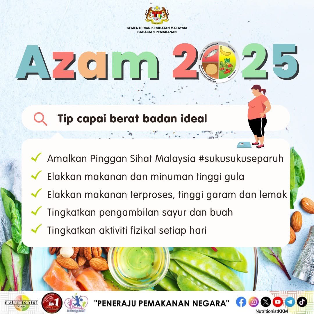 Azam 2025: Berat Badan Ideal, Hidup Lebih Sihat!

Jadikan tahun baru yang bakal tiba lebih bermakna dengan memulakan langkah kecil ke arah kesihatan yang lebih baik. 

Tip mudah:
1. Amalkan Pinggan Sihat Malaysia #SukuSukuSeparuh