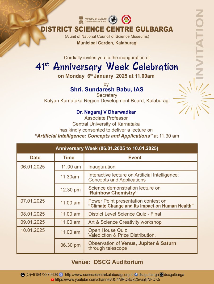 ncsmgoi's tweet image. 𝟒𝟏𝐬𝐭 𝐀𝐧𝐧𝐢𝐯𝐞𝐫𝐬𝐚𝐫𝐲 𝐖𝐞𝐞𝐤 𝐂𝐞𝐥𝐞𝐛𝐫𝐚𝐭𝐢𝐨𝐧 𝐚𝐭 𝐃𝐒𝐂, 𝐆𝐮𝐥𝐛𝐚𝐫𝐠𝐚!

@dscgulbarga, a unit of @ncsmgoi, @MinOfCultureGoI, invites everyone to join its 41st Anniversary Week celebrations.

📅 Jan 6-10, 2025

#DSCGAnniversaryWeek #ScienceForEveryone