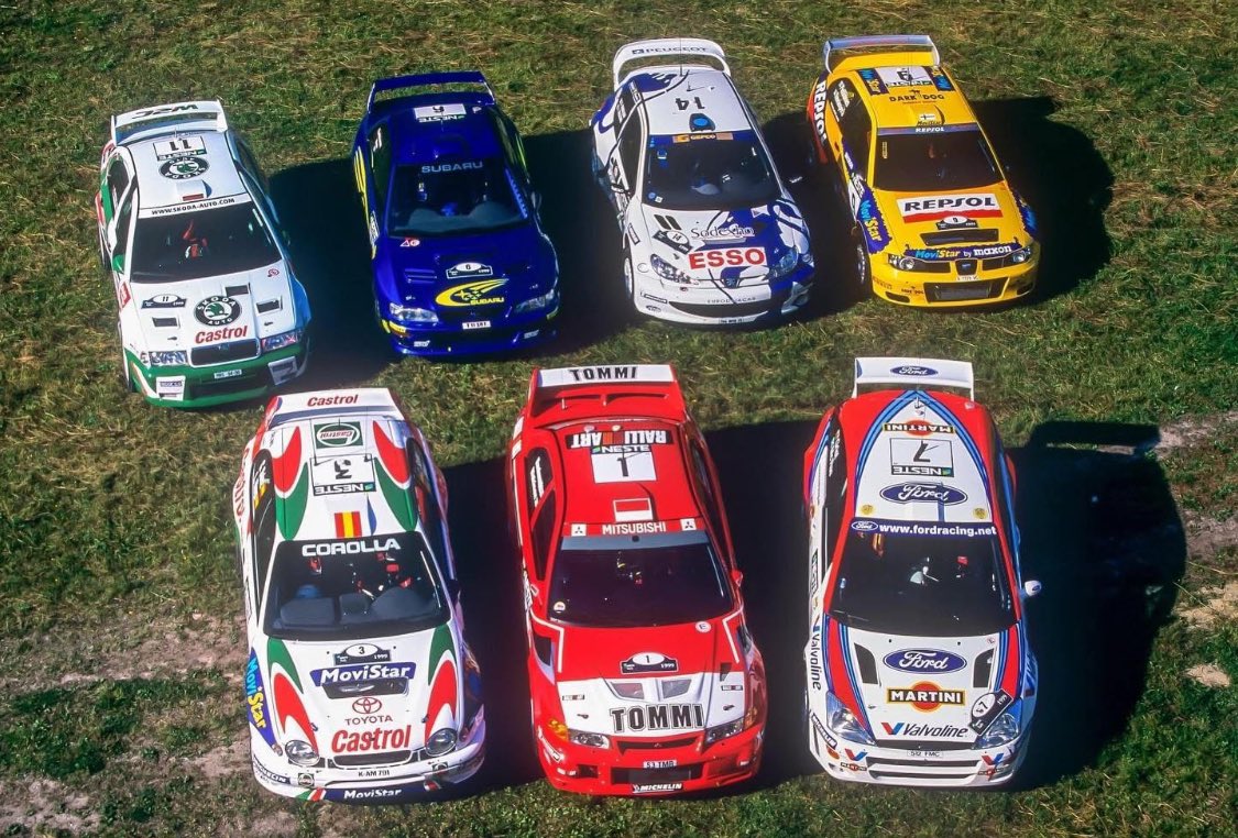 WRCPAST's tweet photo. The class of the 1999 WRC 

Seven different manufacturers 

Skoda Octavia WRC
Subaru Impreza WRC 99
Peugeot 206 WRC
Seat Cordoba WRC
Toyota Corolla WRC
Mitsubishi Lancer VI
Ford Focus RS WRC 99

📸 Credit to photographer 👏🏻

@MotorsportSkoda @subaruuk @PeugeotUK @OfficialWRC https://t.co/POBnNAqcDX