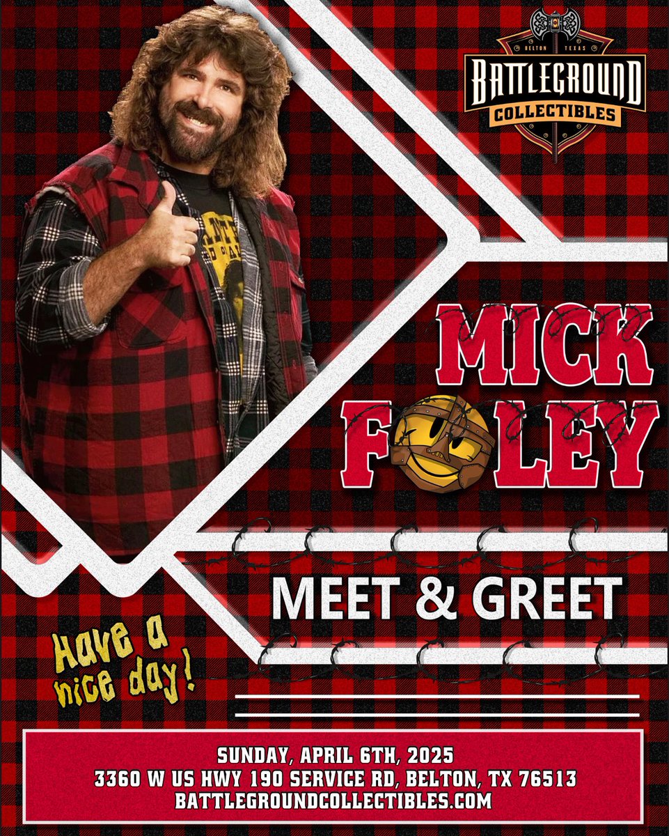 BattlegroundTex's tweet image. The Hardcore Legend, Mick Foley, will be coming to Battleground in Belton Texas, Sunday April 6th! Preorders available now at battlegroundcollectibles.com
