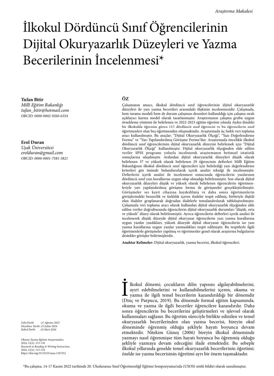 Kıymetli hocam Prof. Dr. Erol DURAN ile yeni yayınımız. Alana katkı sağlaması temennilerimle… 

dergipark.org.tr/tr/pub/oyea/is…