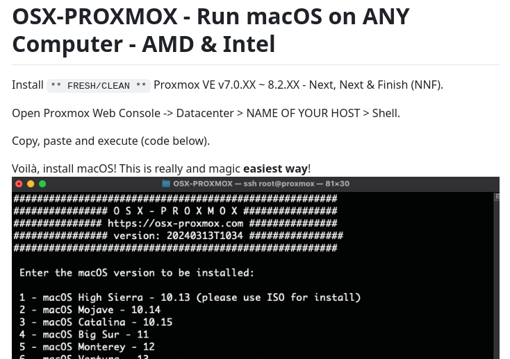 Script to install and configure macOS on Proxmox VE, including support for various macOS versions and hardware configurations