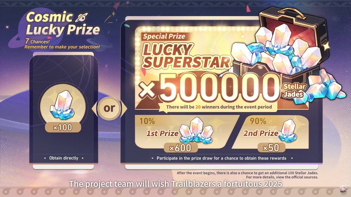 pompomfess's tweet photo. COSMIC LUCKY PRIZE

Siapa tau kalian beruntung hihi bisa dapet 500.000 STELLAR JADE 😭✨ https://t.co/jcjoqY4OlK