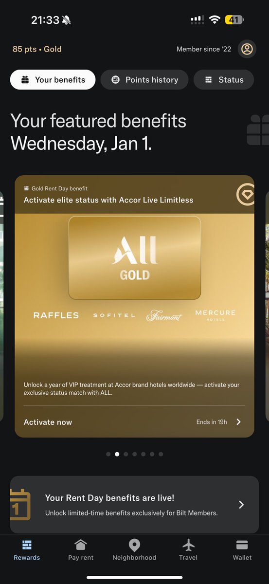 Bilt Rewards はGoldだけど、すでにポイントはトランスファー済みで2,000ポイント無い。

誰でもアコーのシルバーにはなれるみたいだけど、面倒だからやらなくて良いかな。