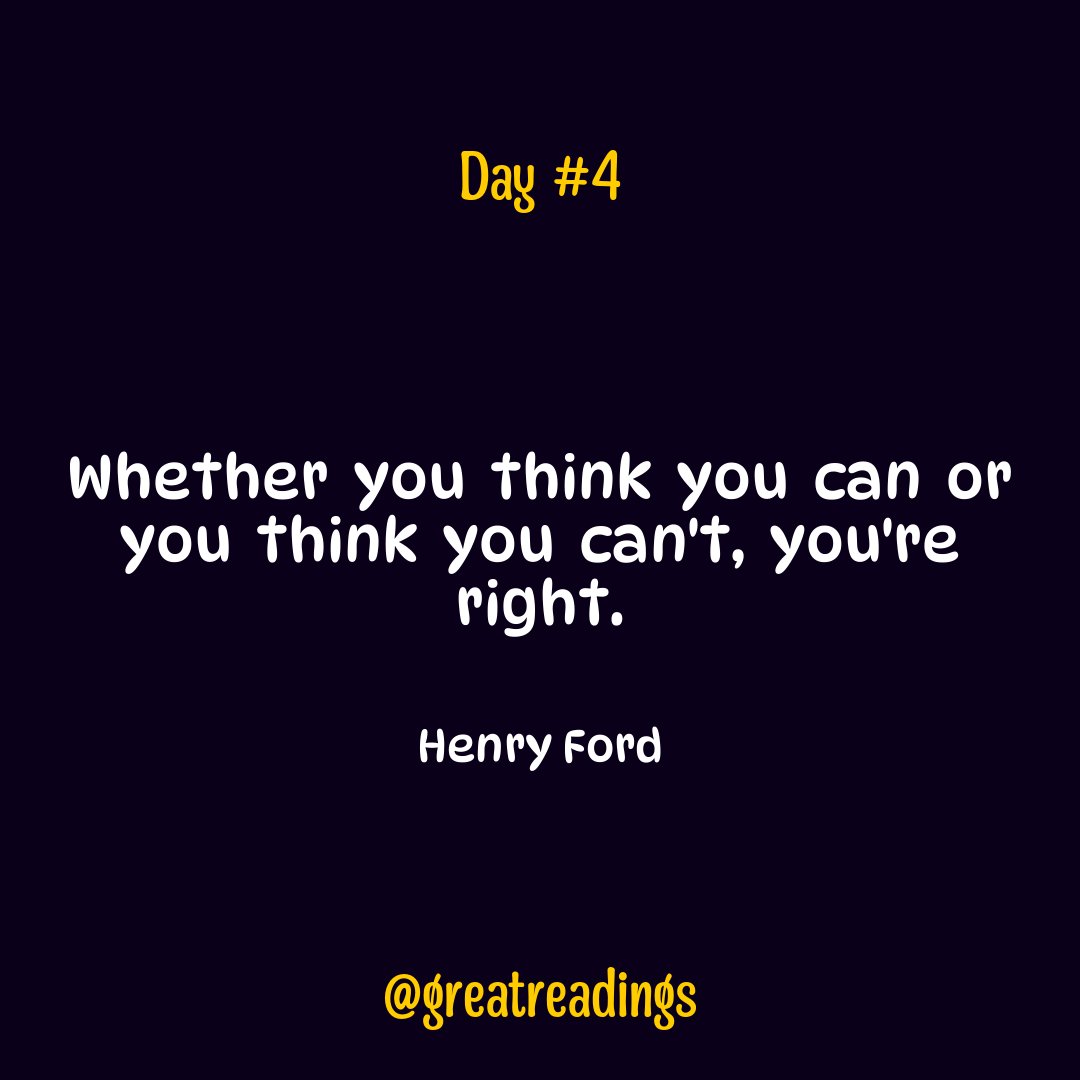 greatreadings's tweet photo. ๐โจ Day 4 of #365daysofquotes! โจ๐
"Whether you think you can or you think you can't, you're right."
โ Henry Ford
#Inspiration #Motivation #Quotes #DailyWisdom https://t.co/MzzPsWU2bV