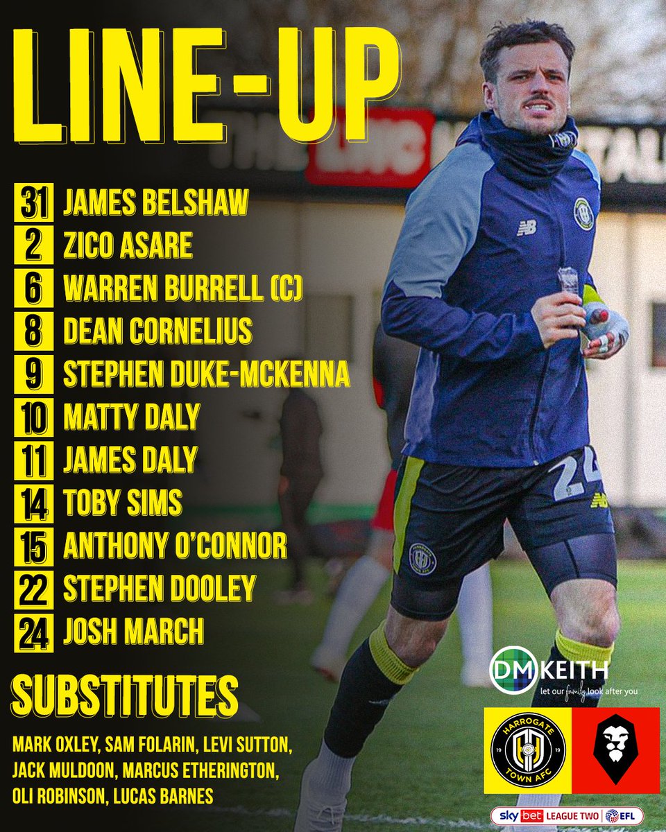 HarrogateTown's tweet image. Here&apos;s how we line-up this afternoon 📋

We make three changes as Asare, Sims and Burrell all start ✅

Jasper Moon (illness), Matty Foulds (groin) and Jack Bray (ankle) are unavailable, along with longer term absentees Thomson, Nto, Taylor, Moorby, Gibson and Falkingham