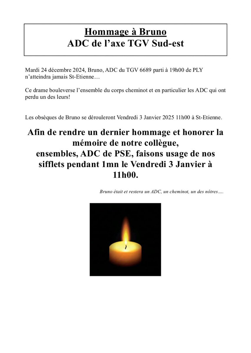 Vendredi 3 janvier à 11h, les conducteurs des lignes D et R, ainsi que ceux des TGV Sud Est feront siffler leur train 1 minute afin de rendre un dernier hommage à Bruno
