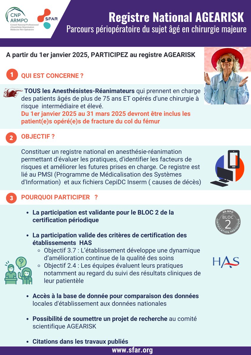 SFAR Anesthésie Réanimation (@sfar_org) on Twitter photo 🚨Registre AGEARISK : Parcours périopératoire du sujet âgé en chirurgie majeure
✍️Participez au registre et inscrivez-vous maintenant via l'adresse mail➡️ registres@specialitesmedicales.org
<a href="/SFARJeunes/">SFAR Jeunes</a> <a href="/SNJeunesAR/">Syndicat National des Jeunes Anesth-Réa</a> <a href="/SNPHARE/">SNPHARE</a> <a href="/SyndicatSnarf/">SNARF</a> <a href="/afarcot1/">afarcot_official</a> <a href="/sofcot_ortho/">SOFCOT</a> <a href="/MarmottesDuBloc/">Syndicat AAL</a> 🚨Registre AGEARISK : Parcours périopératoire du sujet âgé en chirurgie majeure
✍️Participez au registre et inscrivez-vous maintenant via l'adresse mail➡️ registres@specialitesmedicales.org
<a href="/SFARJeunes/">SFAR Jeunes</a> <a href="/SNJeunesAR/">Syndicat National des Jeunes Anesth-Réa</a> <a href="/SNPHARE/">SNPHARE</a> <a href="/SyndicatSnarf/">SNARF</a> <a href="/afarcot1/">afarcot_official</a> <a href="/sofcot_ortho/">SOFCOT</a> <a href="/MarmottesDuBloc/">Syndicat AAL</a>