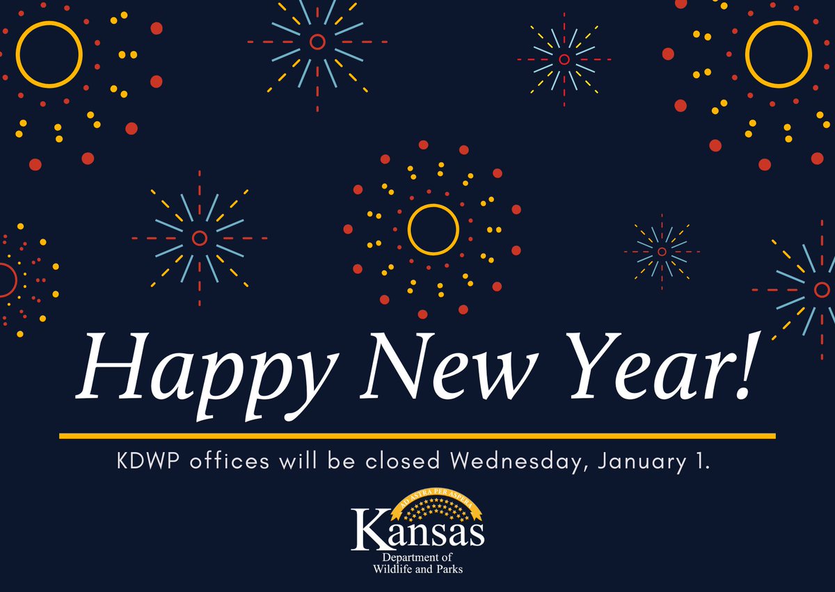 🎇 Happy New Year! 🎇 

KDWP offices will be closed Wednesday, Jan. 1 for New Year's Day. 

Ring in the New Year by attending a First Day Hike at a Kansas state park! Find one near you at ksoutdoors.com/State-Parks/Sp….
