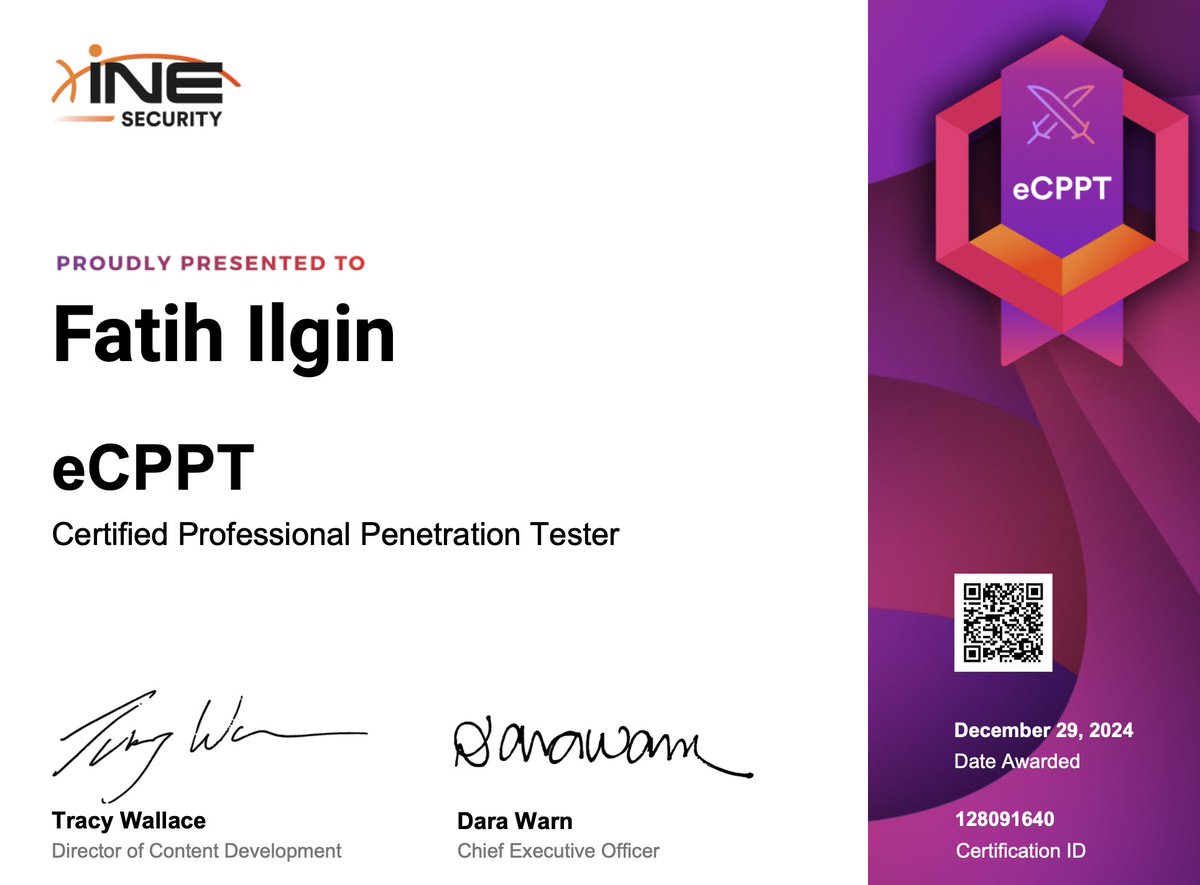 fatih_ilgin's tweet image. Thanks for the experience @INEsecurity 
#eCPPT #eCPPTv3 #RedTeam #Pentesting
