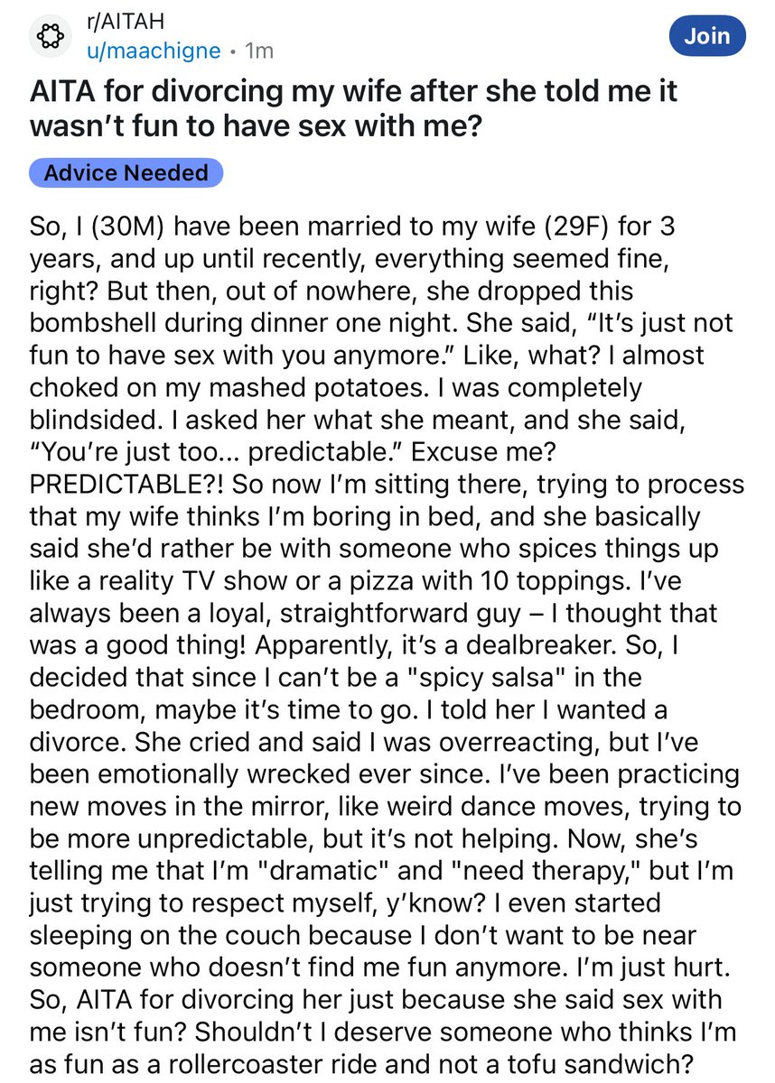 amithearsehole's tweet image. AITA for divorcing my wife after she told me it wasn&apos;t fun to have sex with me?