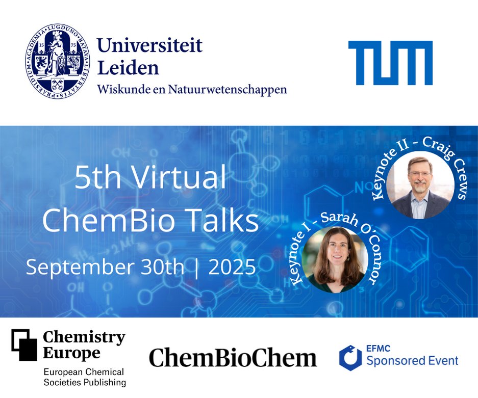 Virtual ChemBio Talks (inactive account) (@chembiotalks) on Twitter photo Happy New Year from the Virtual <a href="/ChemBioTalks/">Virtual ChemBio Talks (inactive account)</a>.
If you have not done so yet, mark your calendars for the 5th edition of our event on September 30th with keynotes Sarah O'Connor <a href="/OConnor_lab/">O'Connor Lab</a> and <a href="/CraigMCrews/">Craig Crews</a>. Happy New Year from the Virtual <a href="/ChemBioTalks/">Virtual ChemBio Talks (inactive account)</a>.
If you have not done so yet, mark your calendars for the 5th edition of our event on September 30th with keynotes Sarah O'Connor <a href="/OConnor_lab/">O'Connor Lab</a> and <a href="/CraigMCrews/">Craig Crews</a>.