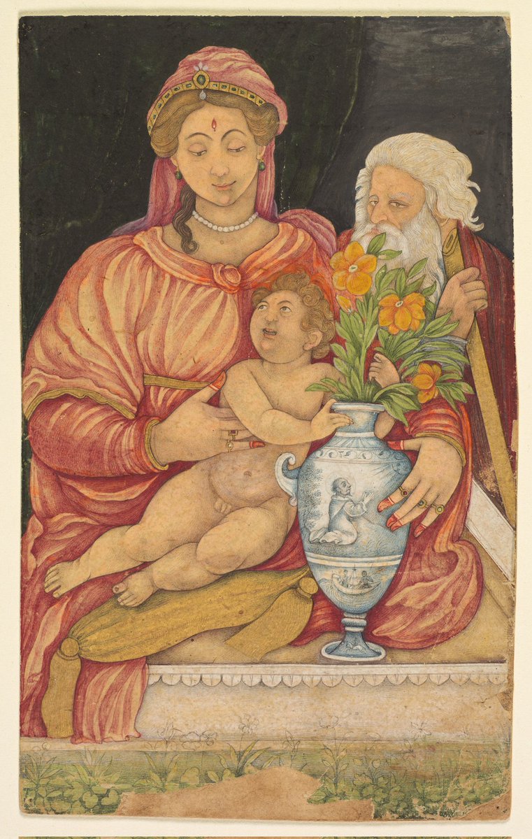 iqtibaas88's tweet image. &apos;The Holy Family&apos;, painted in 1620s during the reign of Mughal Emperor Jahangir, North India. 
Mother Mary has hennaed fingertips. Figures are based on European sources. The guldān is influenced by the Chinese porcelain imported from imperial Ming kilns to the Mughal court.